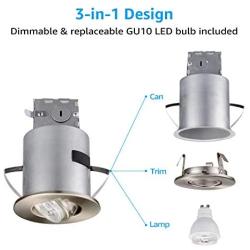 TORCHSTAR Gimbal Recessed Lighting Kit, 3 Inch Air Tight IC Rated Housing, Satin Nickel Trim, LED Dimmable GU10 Bulb, ETL Listed, 2700K Soft White, Adjustable Downlight, Pack of 6