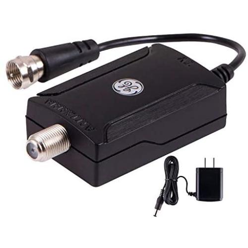 GE Indoor TV Antenna Amplifier Low Noise Antenna Signal Booster Clears Up Pixelated Low-Strength Channels HD TV Digital VHF UHF AC Power Adapter Black 42178
