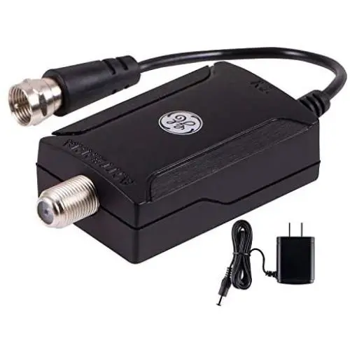 GE Indoor TV Antenna Amplifier Low Noise Antenna Signal Booster Clears Up Pixelated Low-Strength Channels HD TV Digital VHF UHF AC Power Adapter Black 42178