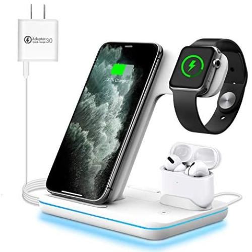 WAITIEE Wireless Charger, 3 in 1 Qi-Certified 15W Fast Charging Station for Apple iWatch Series SE/6/5/4/3/2/1,AirPods, Compatible for iPhone 12/11 Series/XS MAX/XR/XS/X/8/8 Plus/Samsung (White)