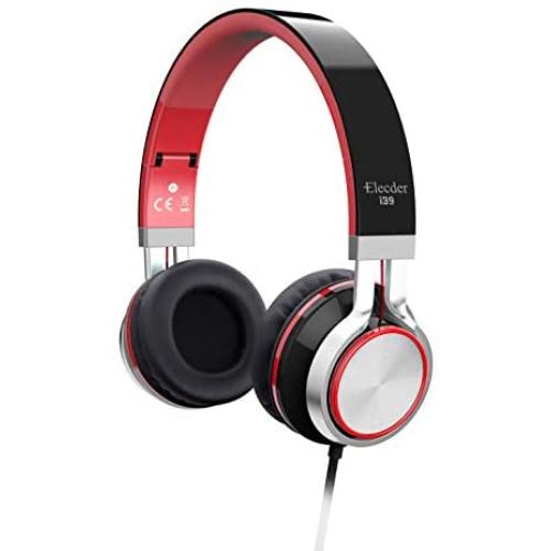 Elecder i39 Headphones with Microphone Foldable Lightweight Adjustable On Ear Headsets with 3.5mm Jack for Cellphones Computer MP3/4 Kindle School Red/Black