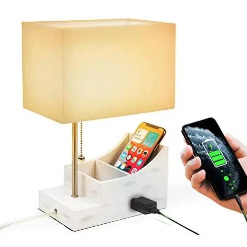 KAYBELE Table Lamp,Multi-Functional Beside Desk Lamp with AC Outlet, Wooden Storage Organizer Base, 90°Rotatable Lampshade, Cute Nightstand Lamp for Living Room, Bedroom,Dorm, Kids Room-White
