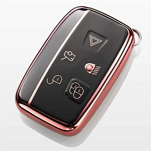 Royalfox(TM) 5 Buttons Full TPU Smart keyless Entry Remote Key Fob case Cover for Land Rover Defender Discovery Sport LR3 LR4 Range Rover Sport Evoque Velar,Jaguar XF XJ XJL XE F-PACE (Pink/Black)