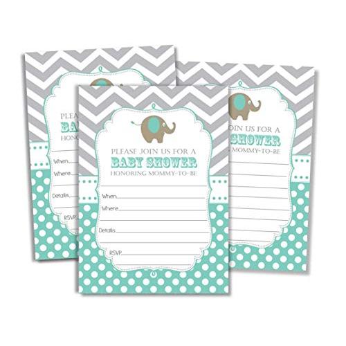 50 Elephant Invitations and Envelopes - Mint (Large Size 5x7)