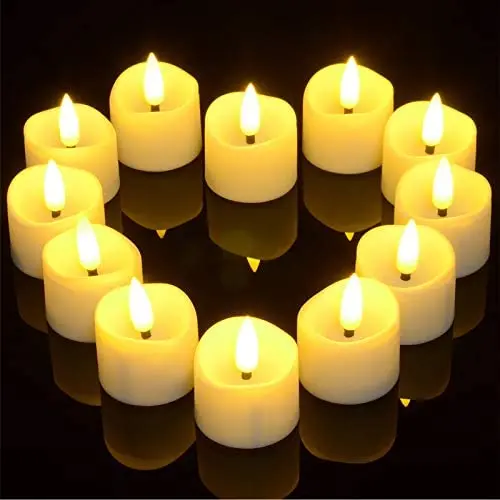 Battery Flickering Tea Lights with Timer, Punasi Set of 12 Battery Operated LED Realistic Electronic Flameless Candles with Fake Candle Wicks for Home Room Party Wedding Decor - Warm White