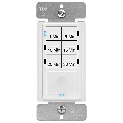 ENERLITES Countdown Timer Switch for bathroom fans and household lights, 1-5-10-15-20-30 Min Settings with Manual Override, Always On Blue LED, Neutral Wire Required, UL Listed, HET06A-R, White