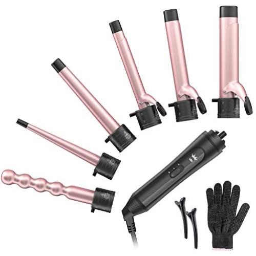 6-IN-1 Curling Iron, Professional Curling Wand Set, Instant Heat Up Hair Curler with 6 Interchangeable Ceramic Barrels (0.35 to 1.25) and 2 Temperature Adjustments, Heat Protective Glove & 2 Clips