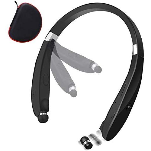 Bluetooth Foldable Retractable Headphones, 2020 Upgraded Wireless Earbuds Neckband Headset Sports Sweatproof Earphones with Carrying Case (15Hours Playtime) (Black)