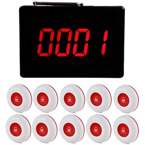 CallToU Wireless Calling System Customers Patient Pager System with 10 PCS Waterproof Call Buttons and 1PC Display Receiver for Restaurant Clinic Nursing Home Caregiver
