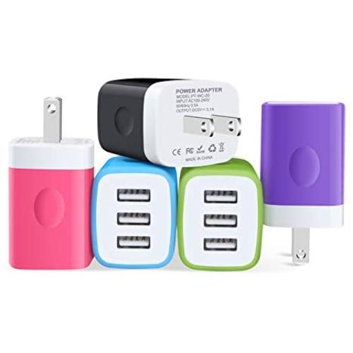 Charger Plug, Charging Block Sicodo 5-Pack 3.1Amp 3-Port USB Charger Cube for iPhone X/8/7/6S/6S Plus/6 Plus/6, Samsung Galaxy, LG, HTC, Moto, Kindle Charger Box (5Pack:Black+Green+Blue+Purple+Rose)