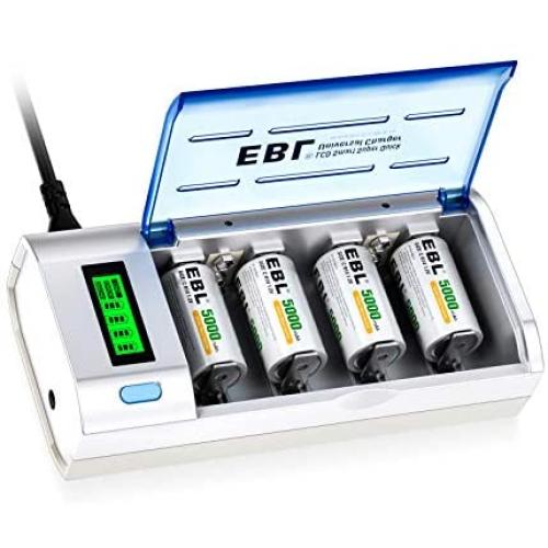 EBL 906 Smart Charger for AA AAA C D 9V Rechargeable Batteries with 4 Pieces 5000mAh C Rechargeable Batteries