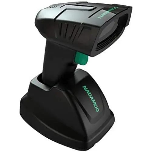 NADAMOO Wireless Barcode Scanner with Charging Cradle, 400M Long Transmission Distance, 1D Cordless USB Portable Handheld Laser Bar Code Reader for Computer PC POS Warehouse Inventory Supermarket