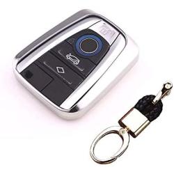 ROYALFOX(TM Luxury Soft TPU Smart 4 Buttons Key Fob case Cover for BMW i3 i8 2014 2016 2017 with Keychain Key Ring BMW i Key Cover (Silver)