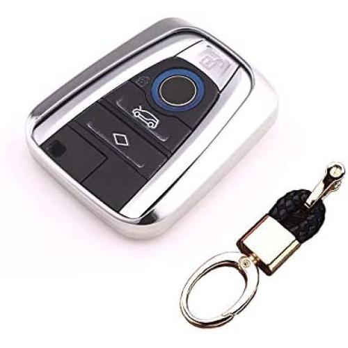 ROYALFOX(TM Luxury Soft TPU Smart 4 Buttons Key Fob case Cover for BMW i3 i8 2014 2016 2017 with Keychain Key Ring BMW i Key Cover (Silver)