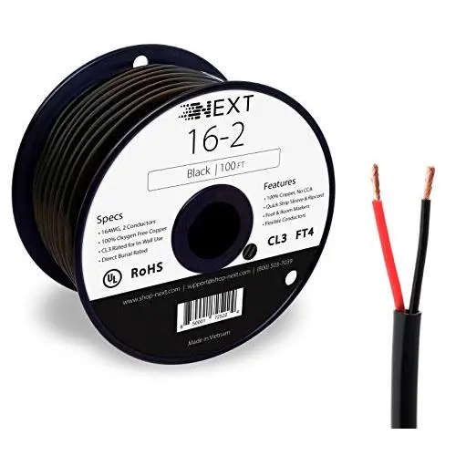 Next 16/2 Speaker Wire - 16 AWG/Gauge 2 Conductor - UL Listed in Wall (CL2/CL3) and Outdoor/In Ground (Direct Burial) Rated - Oxygen-Free Copper (OFC) - 100 Foot Spool - Black
