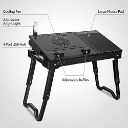 Laptop Desk, Laptop Table for Bed with Fan, Bed Desk for Laptop and Writing, with 4 Port USB Hub, Adjustable Light, Large Mouse Pad and Storage Box (Black)