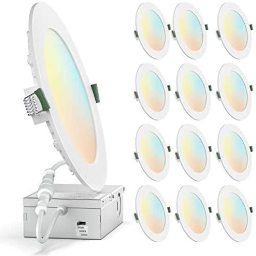 Yecaye 12 Pack 6 Inch 3CCT 90CRI Slim LED Recessed Ceiling Light with Junction Box, 12W 110W Eqv, Eye-Caring, 3000K-5000K Selectable, 1050LM Dimmable Can-Killer Downlight, ETL & Energy Star Certified
