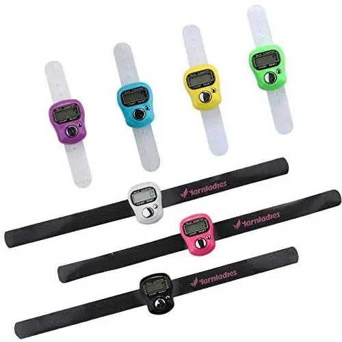 YarnLadies 7 Pcs Case Resettable 5 Digit LCD Electronic Finger Counter Hand Tally Lap Counter Tally Hand 3 Pcs with 25cm Magic Wrist Tape,4 Pcs with Soft Plastic Finger Band