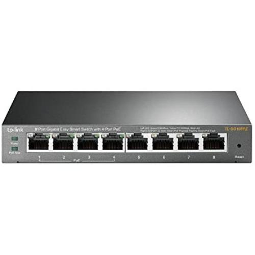 TP-Link 8 Port Gigabit PoE Switch, 4 PoE Port @57W, Easy Smart, Plug & Play, Limited Lifetime Protection, Sturdy Metal, Shielded Ports, Support QoS, Vlan, IGMP and Link Aggregation (TL-SG108PE) Black