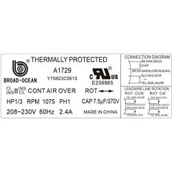 A1729, 1/3 HP Condenser Fan Motor 1075RPM, 2.4AMP
