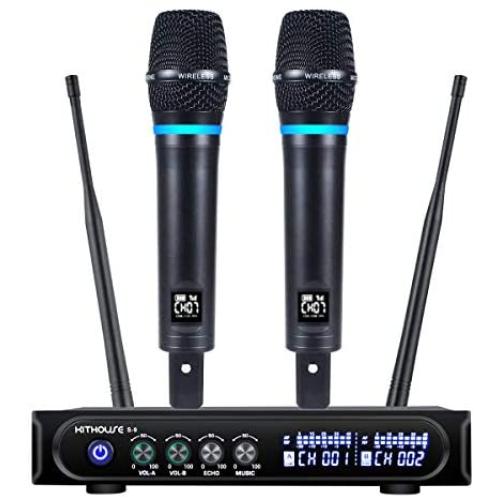 Kithouse S9 UHF Rechargeable Wireless Microphone System Karaoke Microphone Wireless Mic Cordless Dual with Bluetooth Receiver Box + Volume Control ECHO for Karaoke Singing Speech Meeting Church, 200FT