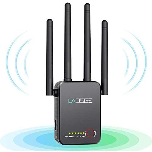 LAOSGE Super WiFi Extender Signal Booster, 1200Mbps Wireless Internet Amplifier Covers up to 2500 Sq.ft and 20 Devices, 2.4 & 5GHz Dual Band WiFi Repeater with Ethernet/LAN Port (Black)