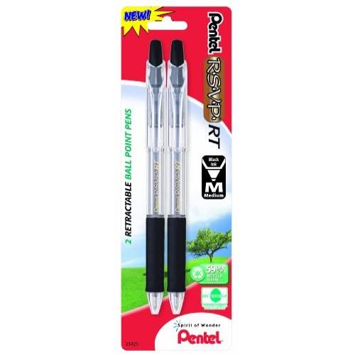 Pentel R.S.V.P. RT New Retractable Ballpoint Pen, Medium Line, Black Ink, 2 Pack (BK93BP2A)