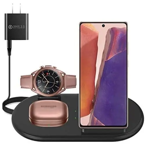 Wireless Charger 3 in 1, Wireless Charging Station for Samsung Galaxy Watch Active 2 Galaxy Watch 3 and Galaxy Buds Pro, Fast Charger Stand Dock Compatible with iPhone Samsung Galaxy S20 S10 (Black)