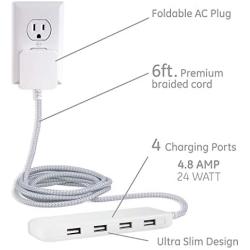 GE Ultra Pro 4 Port USB Extension Cord Power Strip, 6 Ft Braided Cord, 24W Total Power, For iPhone 12/11/Pro/Max/XS/XR/X/8, iPad Pro, Samsung Galaxy S21/S10/S9/Plus, Google Pixel 5/C/3/2/XL, 44139