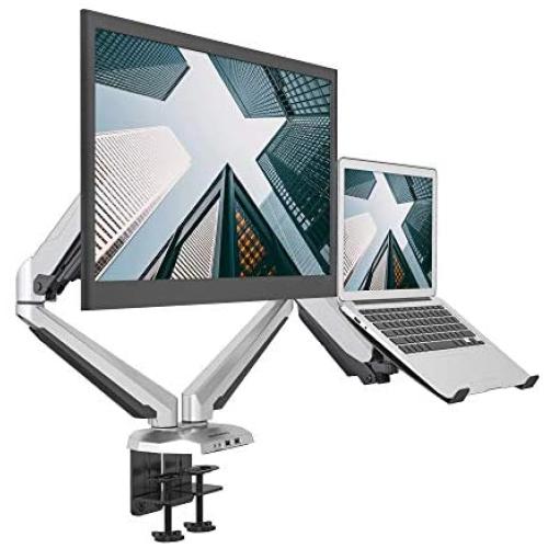 SHOPPINGALL Fully Adjustable Dual Gas Spring 2 in 1 Monitor & Laptop OR Dual Monitors Mount Stand with 2 Arms for 15''-32'' Monitors, Desk Clamp and Grommet Options Included - SA-GM224U+D15 (Silver)
