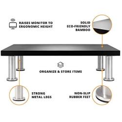 Monitor Stand for Computer & Laptop Screen - Solid Bamboo Riser Supports The Heaviest Monitors, Printers, or TVs - Perfect Shelf Organizer for Office Desk Accessories & TV Stands (Black)