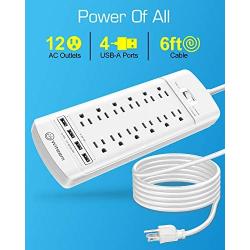 Power Strip,Witeem Surge Protector with 12-Outlet (1875W/15A,4360Joules) and 4 USB Charging Ports (5V/6A,30W),6Ft Extension Cord,Wall Mountable Overload Protection Outlet for Home & Office, White