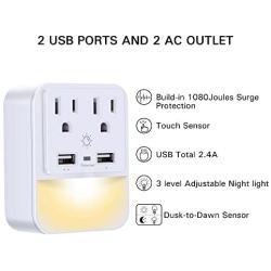 USB Wall Charger, Outlet Adapter, POWRUI 2-Pack Surge Protector(1080 Joules) with Dual USB Charger Ports(2.4A Total), Dual Outlet Extender and Dusk-to-Dawn Sensor Night Light, White, ETL Certified
