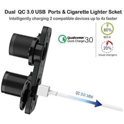 Quick Charge 3.0 Cigarette Lighter Outlet Splitter, 12V USB Charger Waterproof Power Socket Adapter DIY Kit with Blue LED Dual USB Ports for Rocker Switch Panel on Car Boat Marine RV, etc