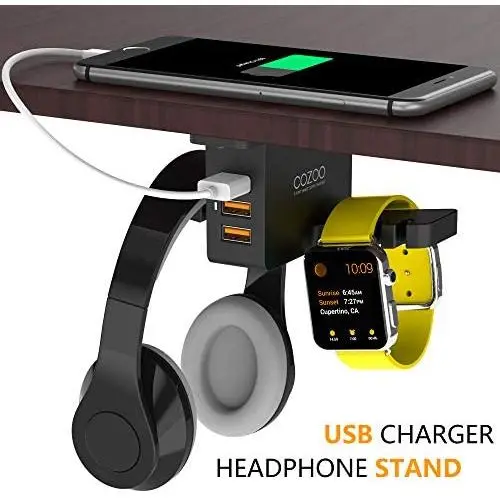 Headphone Stand with USB Charger COZOO Under Desk Headset Holder Mount with 3 Port USB Charging Station and iWatch Stand Smart Watch Charging Dock Dual Earphone Hanger Hook,UL Tested