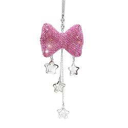Car Mirror Pendant Charm Car Rear View Mirror Ornament with Tassel Bling Car Accessories Crystal Rhinestone Cute Car Decor Lucky Hanging Car Interior Decaration (Pink Bow)