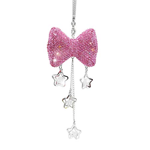 Car Mirror Pendant Charm Car Rear View Mirror Ornament with Tassel Bling Car Accessories Crystal Rhinestone Cute Car Decor Lucky Hanging Car Interior Decaration (Pink Bow)