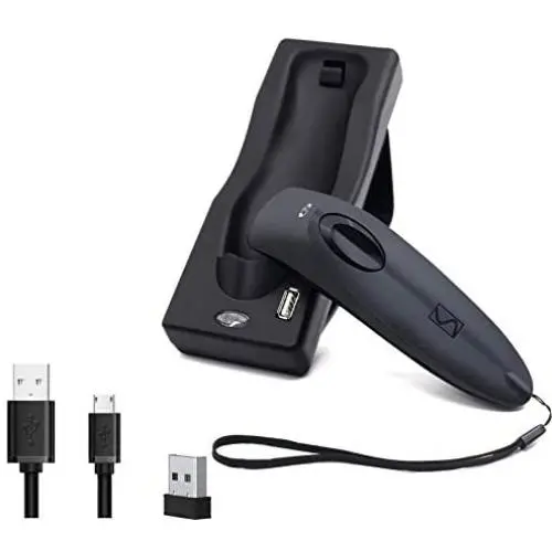 QR Barcode Scanner Dual 2.4G Wireless + Bluetooth 1D 2D Barcode Scanner QR PDF417 Data Matrix UPC Rechargeable Bar Code Scanner for Laptops/PC/Android/Apple iOS with Base
