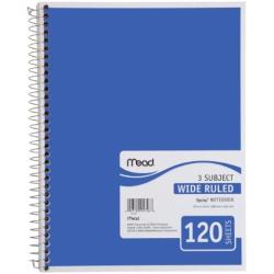 Mead Spiral Notebook, 3 Subject, Wide Ruled Paper, 120 Sheets, 10-1/2 x 7-1/2 inches, Blue (72223)
