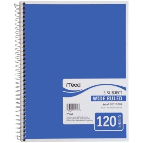 Mead Spiral Notebook, 3 Subject, Wide Ruled Paper, 120 Sheets, 10-1/2 x 7-1/2 inches, Blue (72223)
