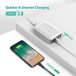 USB Charger RAVPower 60W 12A 6-Port Desktop USB Charging Station with iSmart Multiple Port, Compatible iPhone 12 Mini SE 11 Pro Max XS XR X iPad Pro Air Mini Galaxy S10 Note 10 Tablet (Grey White)