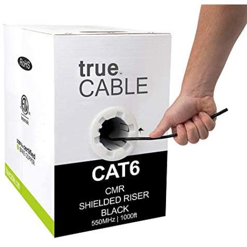 trueCABLE Cat6 Shielded Riser (CMR), 1000ft, Black, 23AWG Solid Bare Copper, 550MHz, ETL Listed, Overall Foil Shield (FTP), Bulk Ethernet Cable