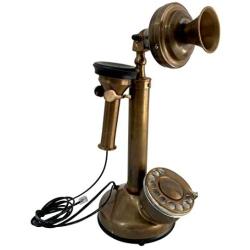 Vintage Candlestick Phone Brass Rotary Dial Telephone Wired Landline Antique Home Décor