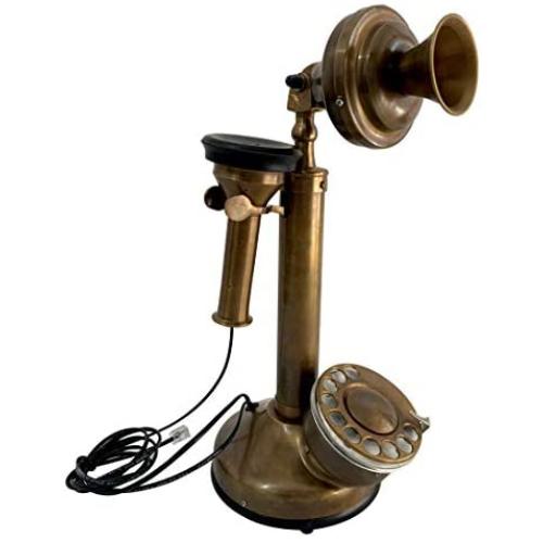 Vintage Candlestick Phone Brass Rotary Dial Telephone Wired Landline Antique Home Décor