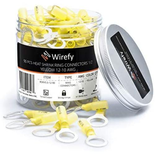 90 PCS Ring Connectors 1/2'' Yellow 12-10 AWG - Heat Shrink Connectors - Electrical Connectors - Solderless Wire Connectors - Automotive Marine Ring Terminals by Wirefy