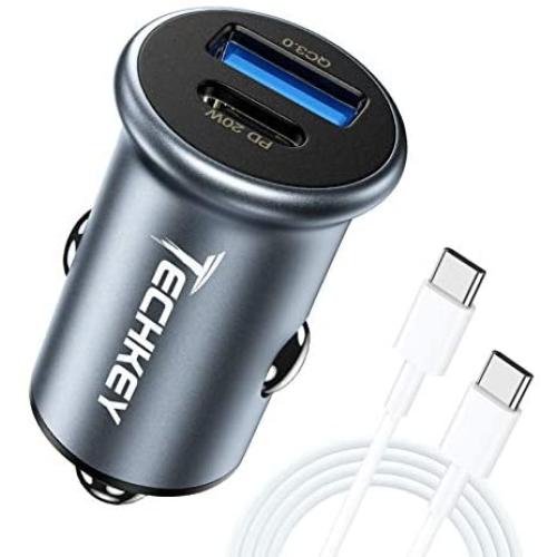 USB C Car Charger, Techkey 38W Dual Port Fast USB Car Charger Type C Compact Power Adapter with Power Delivery & Quick Charge 3.0 Compatible with iPhone/iPad/Samsung etc.