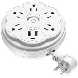POWERADD Travel Power Strip 5 Outlet Surge Protector with Retractable Cord Smart USB Ports and Type-C Port, 900J, 125V/13A, 3.3ft Extension Cord, Portable & Neat for Travel/Home /Office