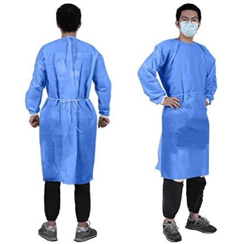 YIBER Disposable Lab Coat Isolation Gown SMS Material 38g With Knit Cuff Long Sleeve, Fluid Resistant, Dental, Medical, Hospital, Industries, ONE SIZE FITS ALL - 5 pcs/Pack Blue