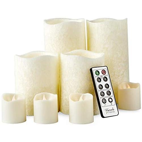 Furora LIGHTING LED Flameless Candles with Remote Control, Set of 8, Real Wax Battery Operated Pillars and Votives LED Candles with Flickering Flame and Timer Featured - Crystallized Ivory