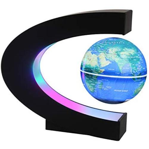 Magnetic Levitating Globe with LED Light, 3 C Shape Base Floating Globes, Rotating World Map, Cool Tech Gift for Men Father Boys, Birthday Gifts for Kids, Desk Gadget Decor in Office Home (Blue 2)